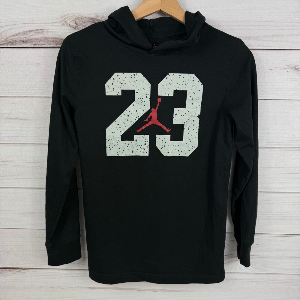 Jordan 23 Youth Size L‎ Black Long Sleeve Pullover Hooded T-Shirt Lightweight